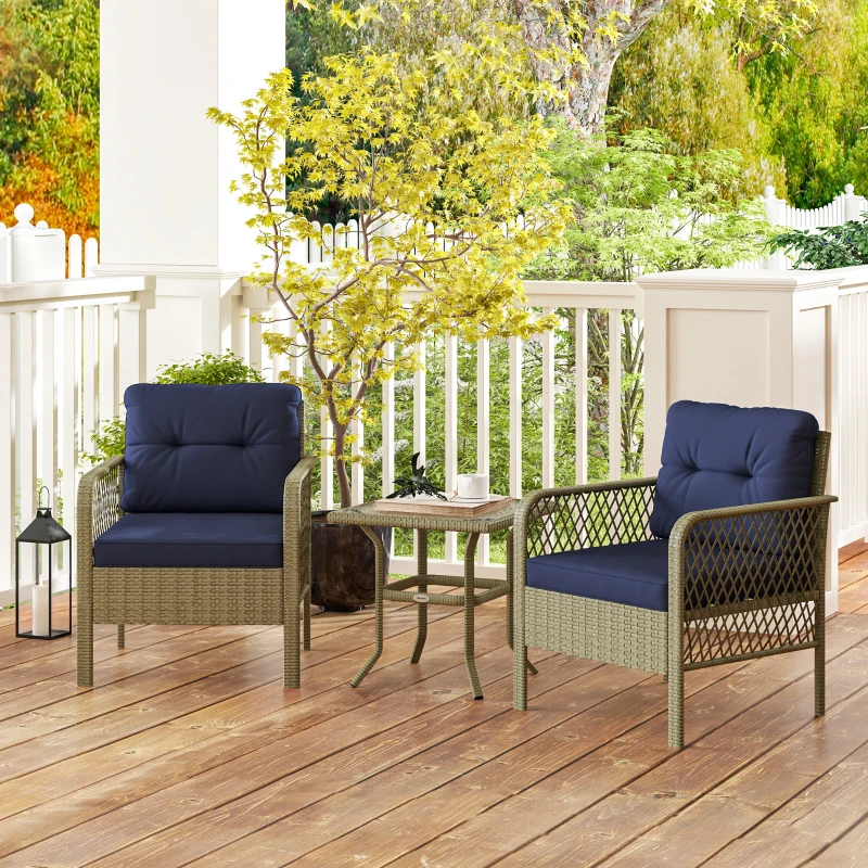 Best 3 Pieces Rattan Bistro Set with Glass Top Coffee Table, Chairs and Cushions for Outdoor, Patio, Balcony, Charcoal Grey - Image 2