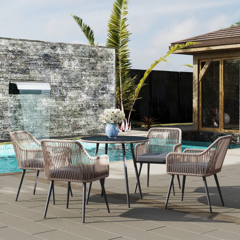 Best 4 Seater Rattan Dining Set, Rattan Garden Furniture Set with Parasol Hole, Outdoor Dining Table and Chairs Set with Cushions, Round Glass Top Table for Patio, Balcony, Light Brown - Image 10