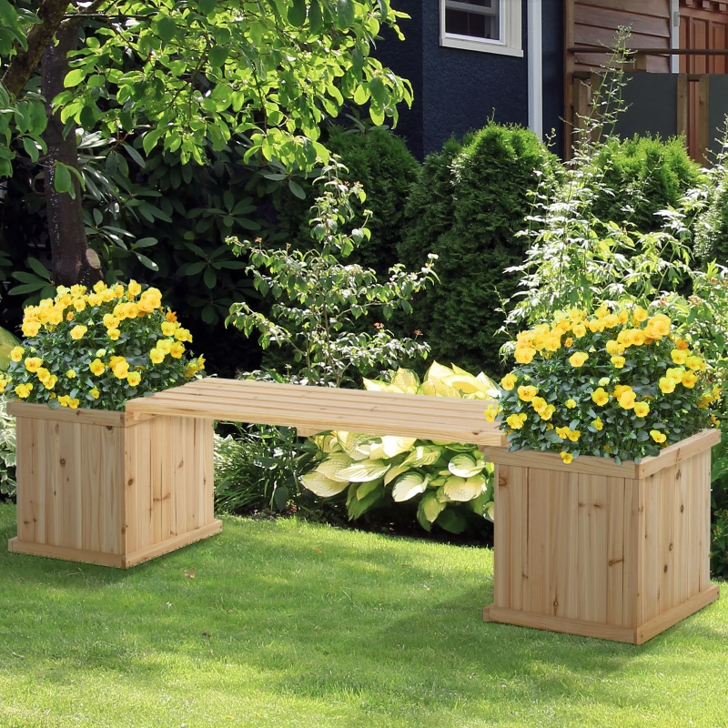 Best 37L Wooden Garden Planter & Bench Combination Garden Raised Bed Patio Park Natural 176 x 38 x 40 cm - Image 2