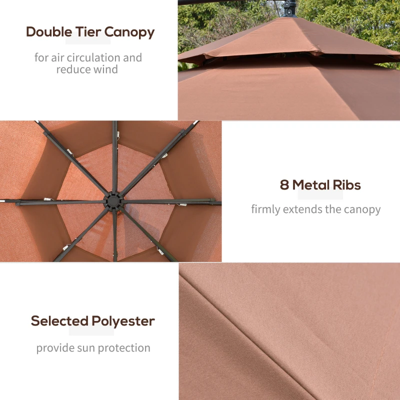 Best 3(m) Cantilever Banana Parasol Hanging Umbrella with Double Roof, LED Solar lights, Crank, 8 Sturdy Ribs and Cross Base for Outdoor, Garden, Patio, Coffee - Image 7