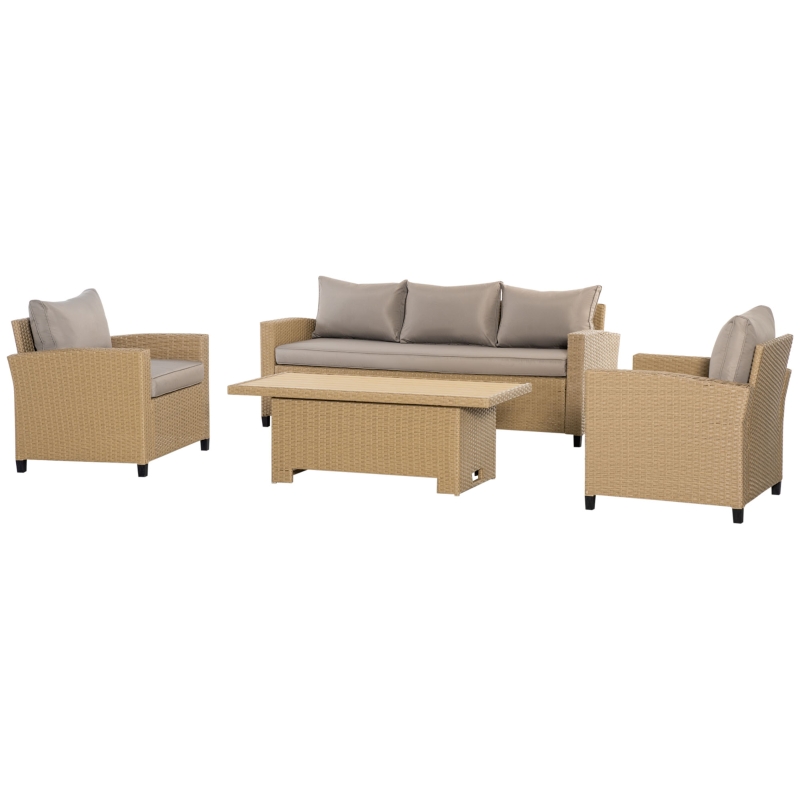 Best 4 PCS Outdoor PE Rattan Sofa Set, Patio Twin Wicker Aluminium Frame Conversation Furniture w/ Adjustable Wood Grain Plastic Table-top Table & Thick Cushion for Garden, Backyard, Lawn, Khaki - Image 11