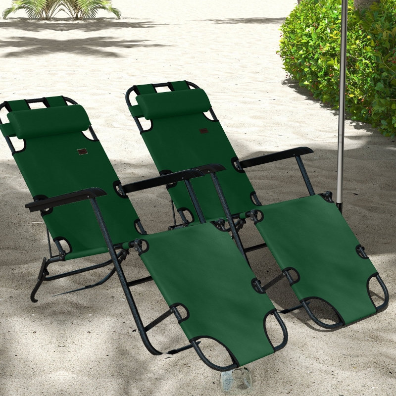 Best 2 Pack 2 in 1 Sun Lounger Folding Reclining Chairs Garden Outdoor Camping Adjustable Back with Pillow, Green - Image 10
