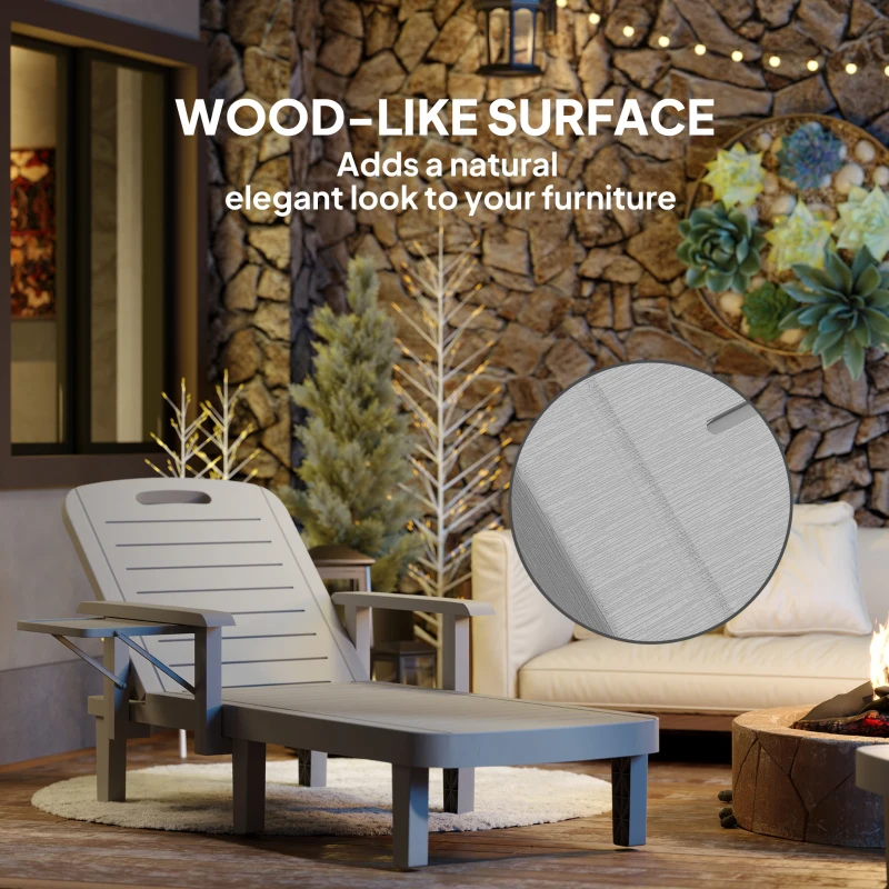 Best Set of 2 Resin Reclining Sun Loungers for Garden, 5 Positions Adjustable Outdoor Chaise Lounge Chairs with Wood Texture Surface, Armrests, Foldable Side Table for Garden, Beach, Light Grey - Image 7