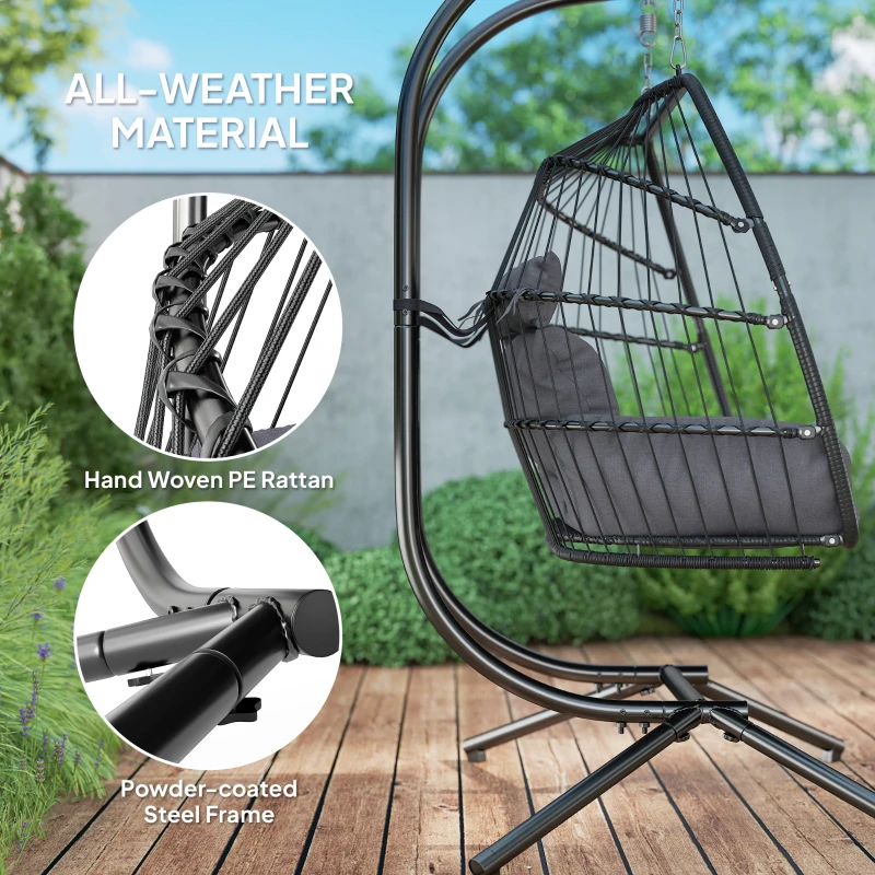 Best Rattan Double Hanging Egg Chair with Stand, Foldable Wicker Swing Egg Chair with Cushion, Head Pillows, Steel Frame, Hammock Chair for Indoor Outdoor, Capacity 260 kg, Dark Grey - Image 5