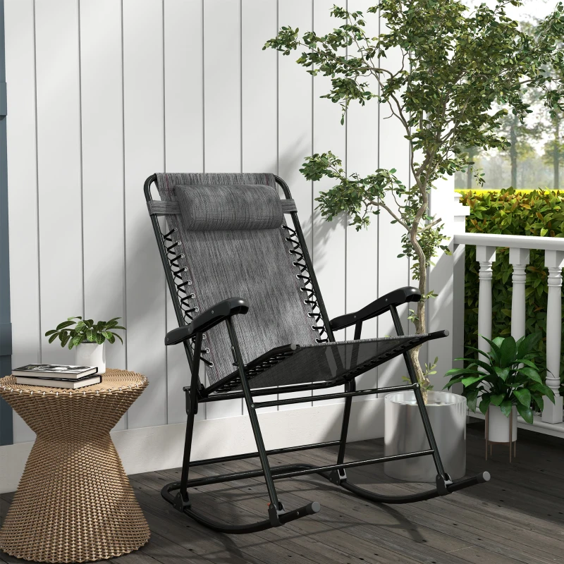 Best Folding Rocking Chair Outdoor Portable Zero Gravity Chair w/ Headrest Grey - Image 2