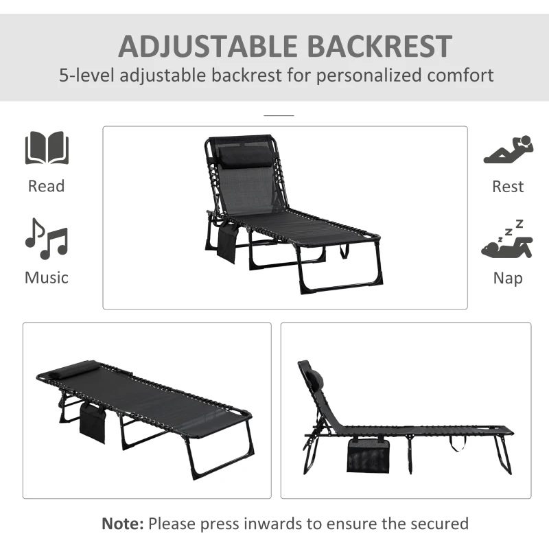 Best Portable Sun Lounger Set of 2, Folding Camping Bed Cot, Reclining Lounge Chair 5-position Adjustable Backrest with Side Pocket, Pillow for Patio Garden Beach Pool, Black - Image 4
