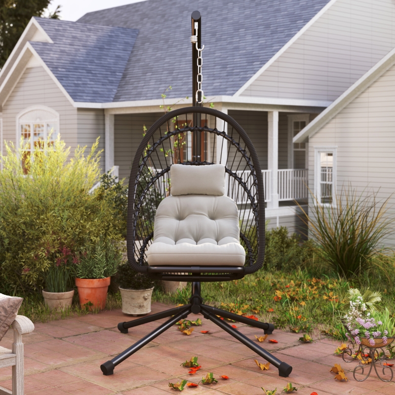 Best Outdoor PE Rattan Swing Chair with Foldable Basket and Cushion, Garden Patio Hanging Egg Chair with Metal Stand, Headrest for Indoor and Outdoor, Black - Image 9
