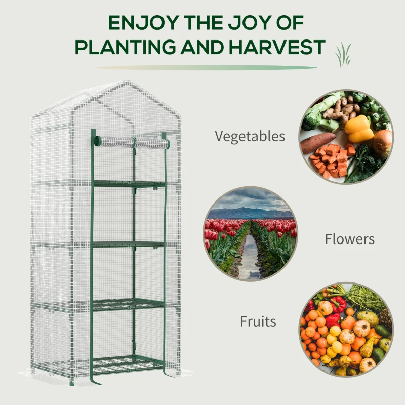Best 4 Tier Mini Greenhouse, Portable Compact Green House with Steel Frame, PE Cover, Roll-up Door, 70 x 50 x 160 cm, White - Image 7