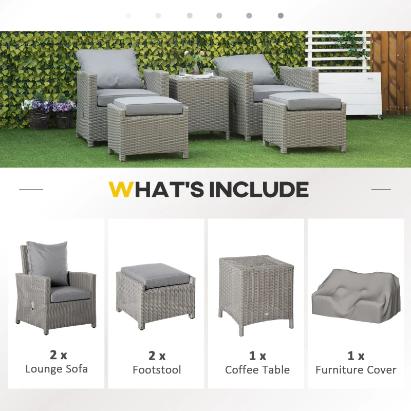Best 5 Pieces Outdoor PE Rattan Garden Furniture with Cushions, Patio Lounge Adjustable Backrest Chairs, Footstools and Cooler Bar Coffee Table & Cover, Grey - Image 4