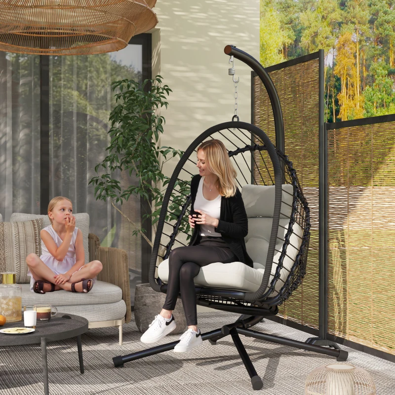 Best Outdoor PE Rattan Swing Chair with Foldable Basket and Cushion, Garden Patio Hanging Egg Chair with Metal Stand, Headrest for Indoor and Outdoor, Black - Image 2