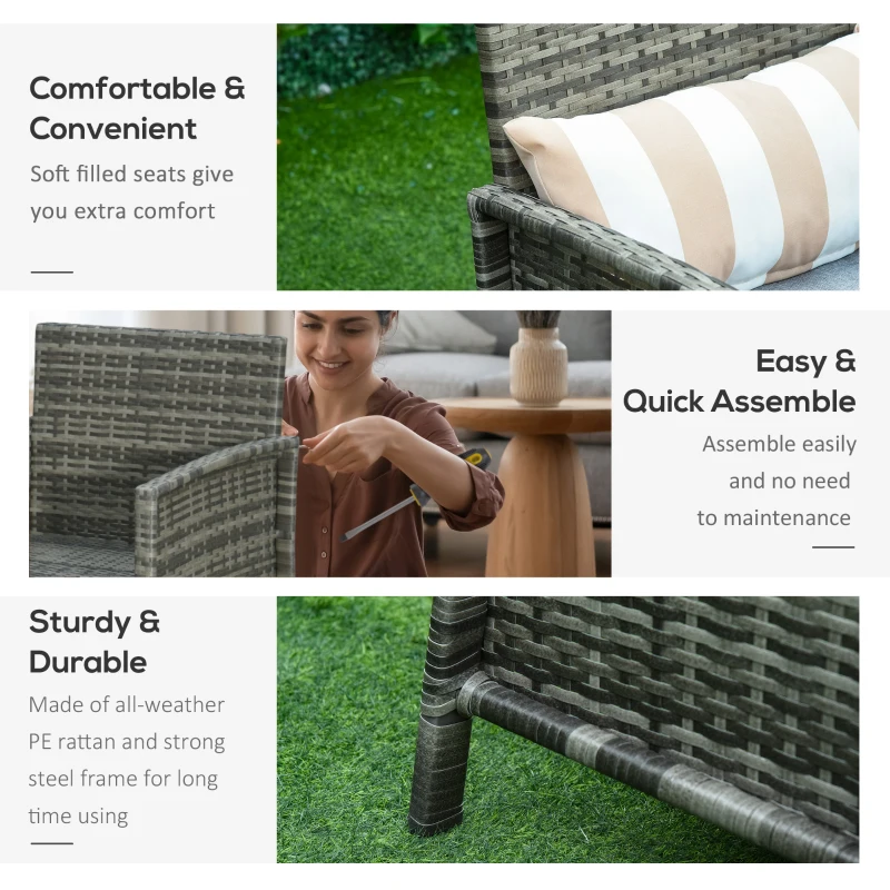 Best 3 Pieces Rattan Bistro Set, Wicker Garden Furniture Set, Glass Top 2-tier Coffee Table and Chairs Set with Pillows and Washable Cushions for Outdoor, Patio, Balcony, Grey - Image 7