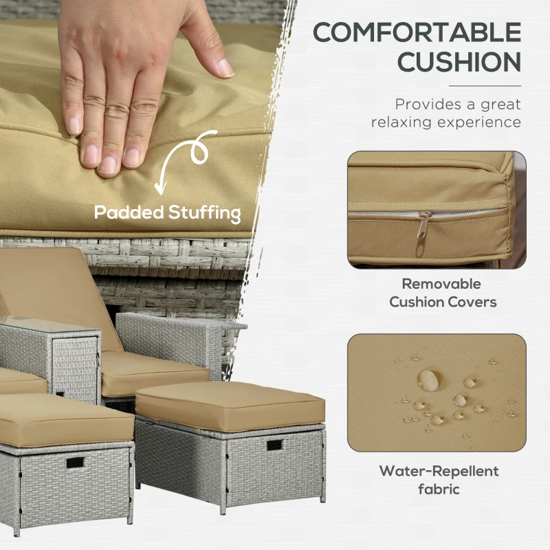 Best 5PC PE Rattan Sun Lounger, Outdoor Wicker 5-level Adjustable Recliner Sofa Bed with Storage Side Table and Footstools, for Patio, Garden, Poolside, Beige - Image 5