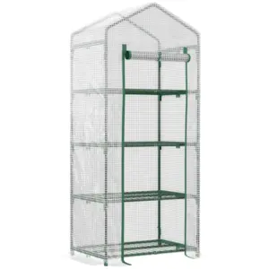 Best 4 Tier Mini Greenhouse, Portable Compact Green House with Steel Frame, PE Cover, Roll-up Door, 70 x 50 x 160 cm, White