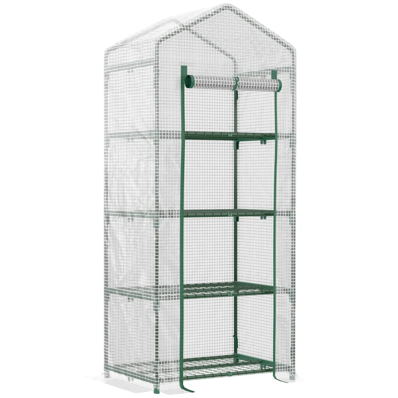 Best 4 Tier Mini Greenhouse, Portable Compact Green House with Steel Frame, PE Cover, Roll-up Door, 70 x 50 x 160 cm, White