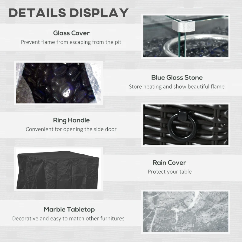 Best Outdoor PE Rattan Gas Fire Pit Table, Patio Square Propane Heater with Marble Desktop, Rain Cover, Glass Windscreen, and Glass Stones, 50,000 BTU, Black - Image 6