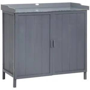 Best Garden Storage Cabinet, Outdoor Tool Shed, Potting Bench Table with Galvanized Top and Two Shelves for Yard Tools or Pool Accessories, Grey