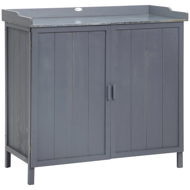 Best Garden Storage Cabinet, Outdoor Tool Shed, Potting Bench Table with Galvanized Top and Two Shelves for Yard Tools or Pool Accessories, Grey