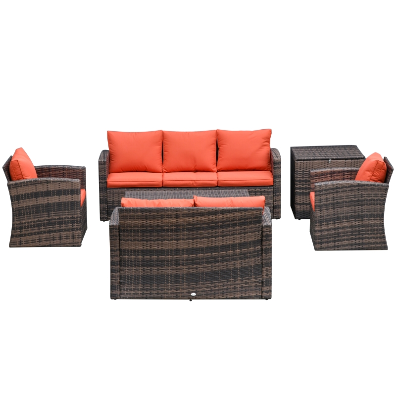 Best 6 Pieces Rattan Garden Furniture Set, 7 Seater Wicker Outdoor Furniture Set with Storage Tea Table & Side Table, Sectional Garden Sofa Set with Cushions, Orange - Image 11