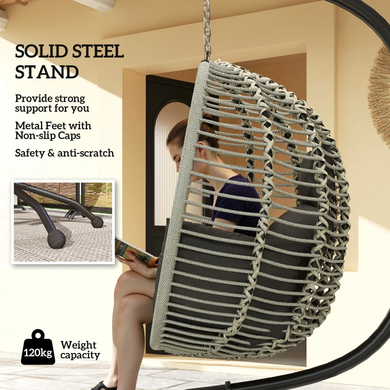 Best Outdoor Swing Chair with Thick Padded Cushion, Patio Hanging Egg Chair with Metal Stand, Foldable Basket, Cup Holder, Rope Structure for Indoor & Outdoor, Dark Grey - Image 4
