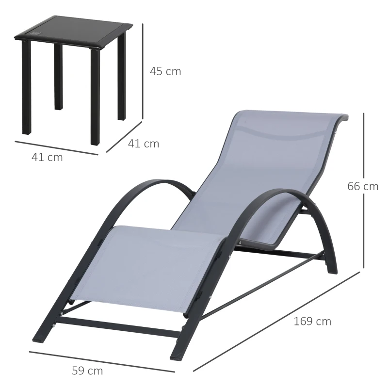 Best 3 Pieces Lounge Chair Set Metal Frame Garden Outdoor Recliner Sunbathing Chair with Table, Light Grey - Image 3