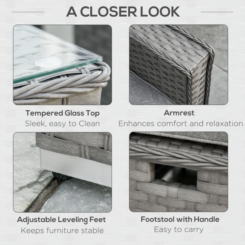 Best 6 Pieces Outdoor PE Rattan Wicker Corner Sofa Set with 10cm Thick Padded Cushions, Aluminium Conservatory Furniture with Glass Top Coffee Table, Footstools, Grey - Image 7