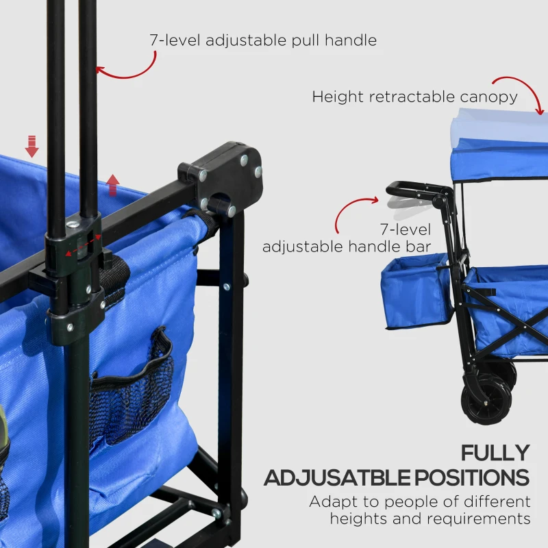 Best Folding Trolley Cart Storage Wagon Beach Trailer 4 Wheels with Handle Overhead Canopy Cart Push Pull for Camping, Blue - Image 5
