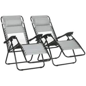 Best Garden Recliner Chairs Set of 2, Outdoor Foldable Zero Gravity Chairs Set w/ Footstool and Detachable Headrest, Grey