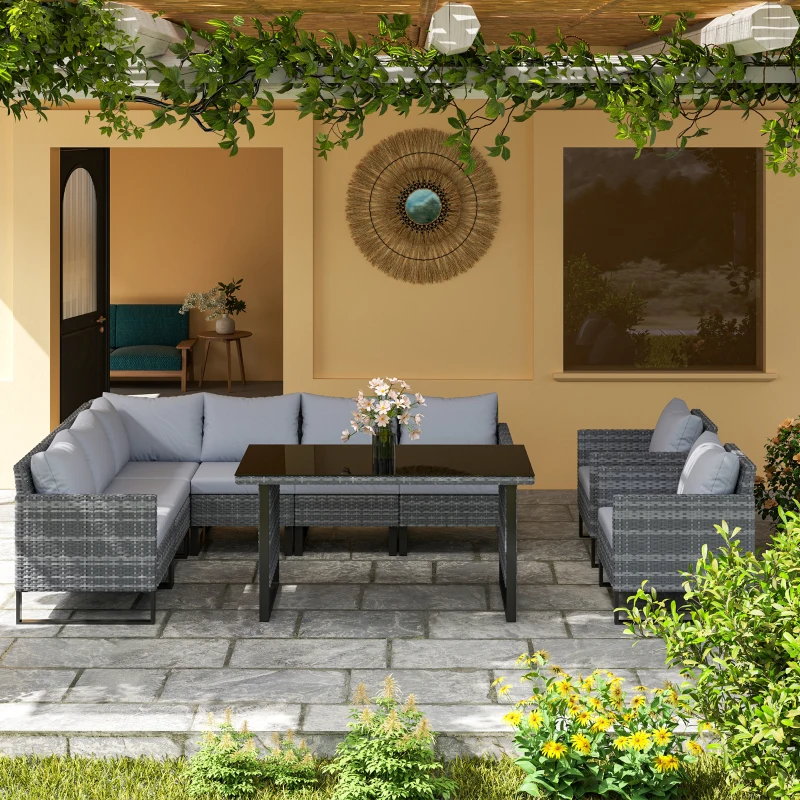 Best 9 Piece Rattan Garden Furniture Set, 8 Seater Garden Corner Sofa with Cushions and Glass Top Table, Sectional Outdoor Furniture Conservatory Set for Patio, Light Grey - Image 8