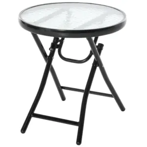 Best Foldable Garden Table, Round Folding Table with Glass Tabletop and Safety Buckle for Patio, Garden, Outdoor, Indoor, Black