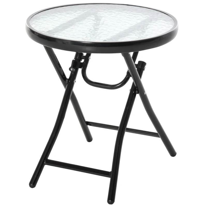 Best Foldable Garden Table, Round Folding Table with Glass Tabletop and Safety Buckle for Patio, Garden, Outdoor, Indoor, Black