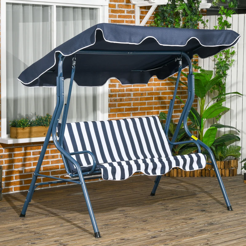 Best 3 Seater Garden Swing Seat Chair Outdoor Bench with Adjustable Canopy and Metal Frame, Blue Stripes - Image 2