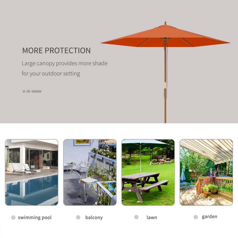 Best 2.5m Wood Garden Parasol Sun Shade Patio Outdoor Wooden Umbrella Canopy, Table Market Umbrella with Vent, 38mm Pole, Rope Pulley Mechanism, Orange - Image 6