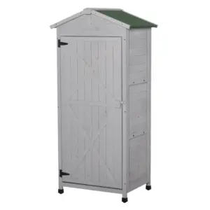 Best Wooden Garden Shed, Outdoor Storage Cabinet with 2 Shelves and Hooks, Locking Organiser Outdoor Narrow Tool House, 74x55x155cm, Grey