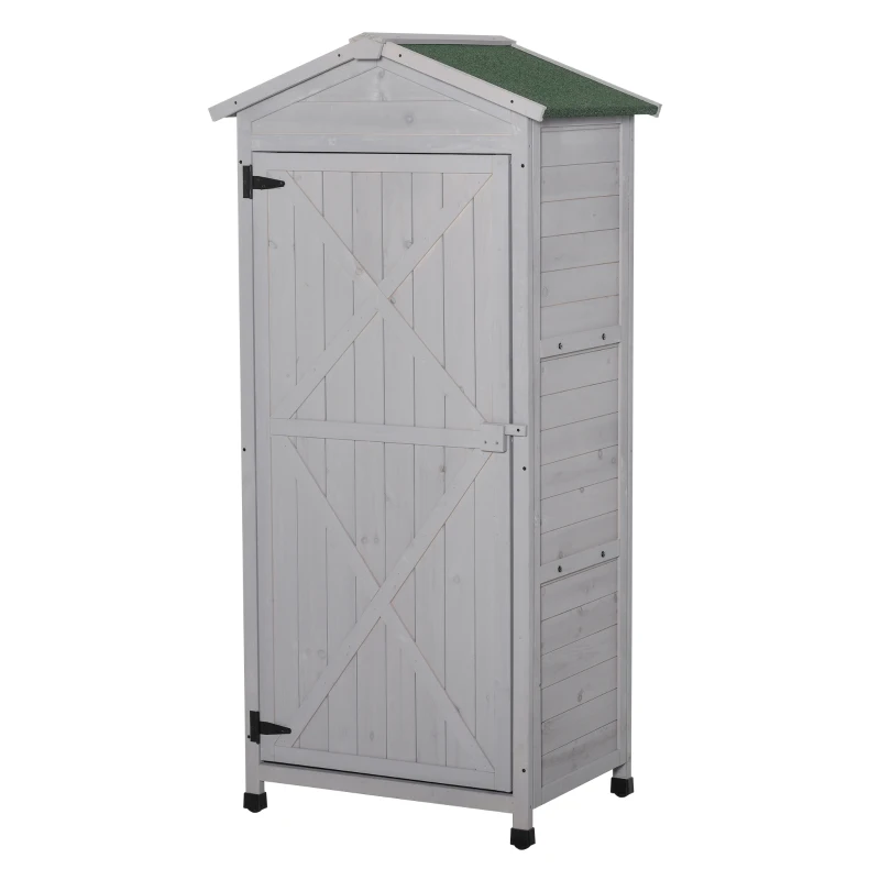 Best Wooden Garden Shed, Outdoor Storage Cabinet with 2 Shelves and Hooks, Locking Organiser Outdoor Narrow Tool House, 74x55x155cm, Grey