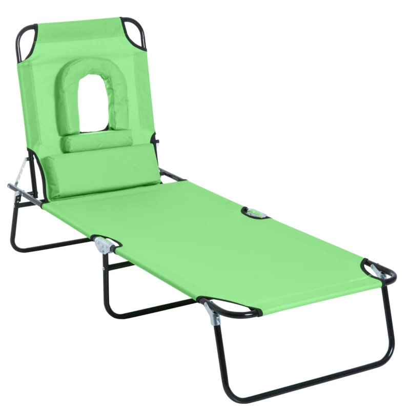 Best Outdoor Folding Sun Lounger with Face Hole, 4 Level Adjustable Backrest Reclining Garden Lounger, Garden Recliner Sunbed with 600 D Oxford Cloth Seat and Pillow for Beach, Green