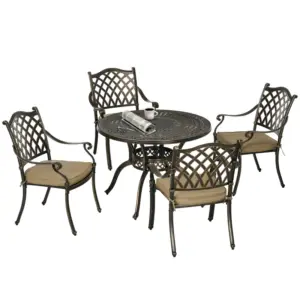 Best 4 Seater Outdoor Dining Set Antique Cast Aluminium Garden Furniture Set with Cushions Round Dining Table with Parasol Hole, Bronze