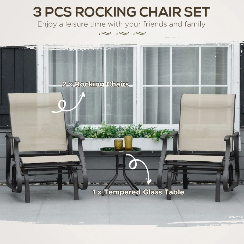 Best Set of 3 Gliding Chair & Tea Table Set, Outdoor Rocker Set with 2 Armchairs, Tempered Glass Tabletop, Khaki - Image 4