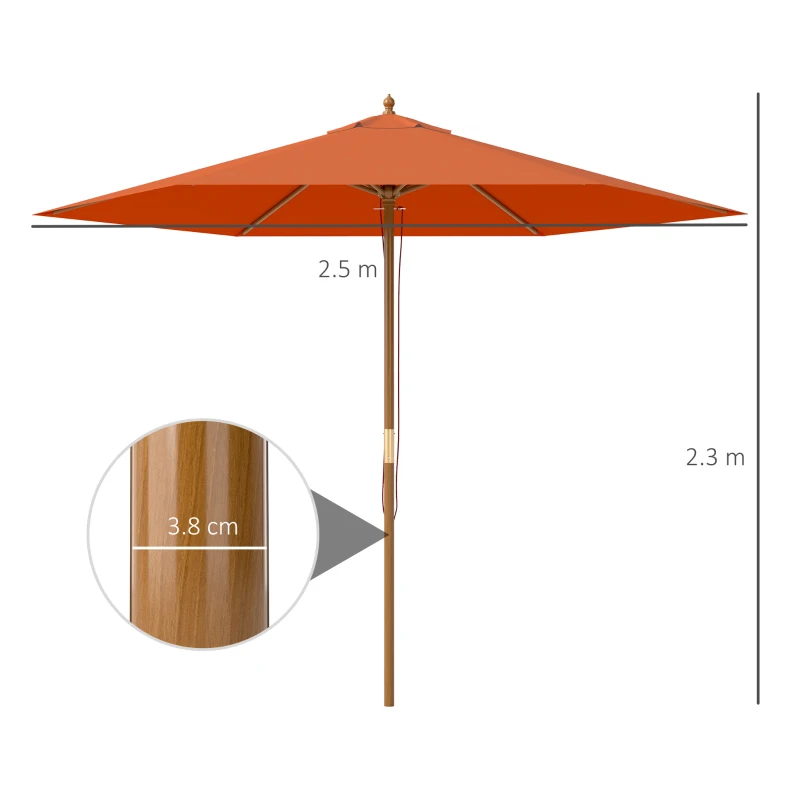 Best 2.5m Wood Garden Parasol Sun Shade Patio Outdoor Wooden Umbrella Canopy, Table Market Umbrella with Vent, 38mm Pole, Rope Pulley Mechanism, Orange - Image 3