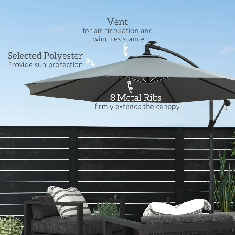 Best 3(m) Cantilever Parasol with Solar LED Lights, Garden Umbrella with Cross Base and Crank Handle, Hanging Offset Banana Sun Shade for Outdoor, Patio, Grey - Image 7