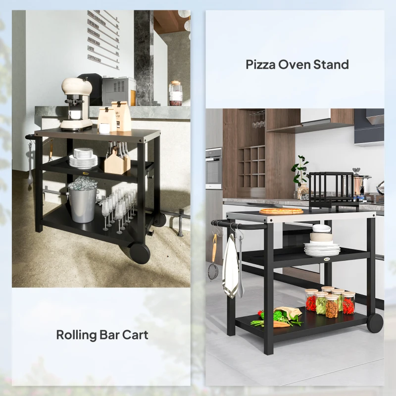 Best Outdoor Grill Dining Cart 3-Shelf Movable Pizza Oven Table Stand with Stainless Steel Top, Portable BBQ Trolley Food Prep Outdoor Kitchen BBQ Station with Hooks Wheels Handle, Charcoal Grey - Image 8