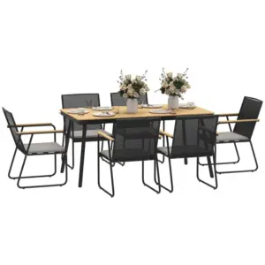 Best 6 Seater Garden Dining Set with Soft Cushions, Rattan Backrest, Rectangular Plastic Top, Garden Furniture Set, Outdoor Dining Table and Chairs for Patio, Balcony, Poolside, Nature Wood Finish