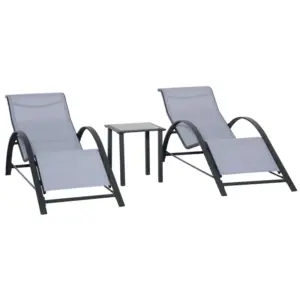 Best 3 Pieces Lounge Chair Set Metal Frame Garden Outdoor Recliner Sunbathing Chair with Table, Light Grey