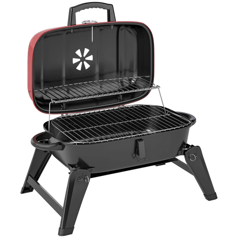 Best Charcoal Barbecue Grill Folding BBQ Grill with 1232 cm² Cooking Area, Adjustable Vent, Thermometer, Handles for Camping Picnic, Red