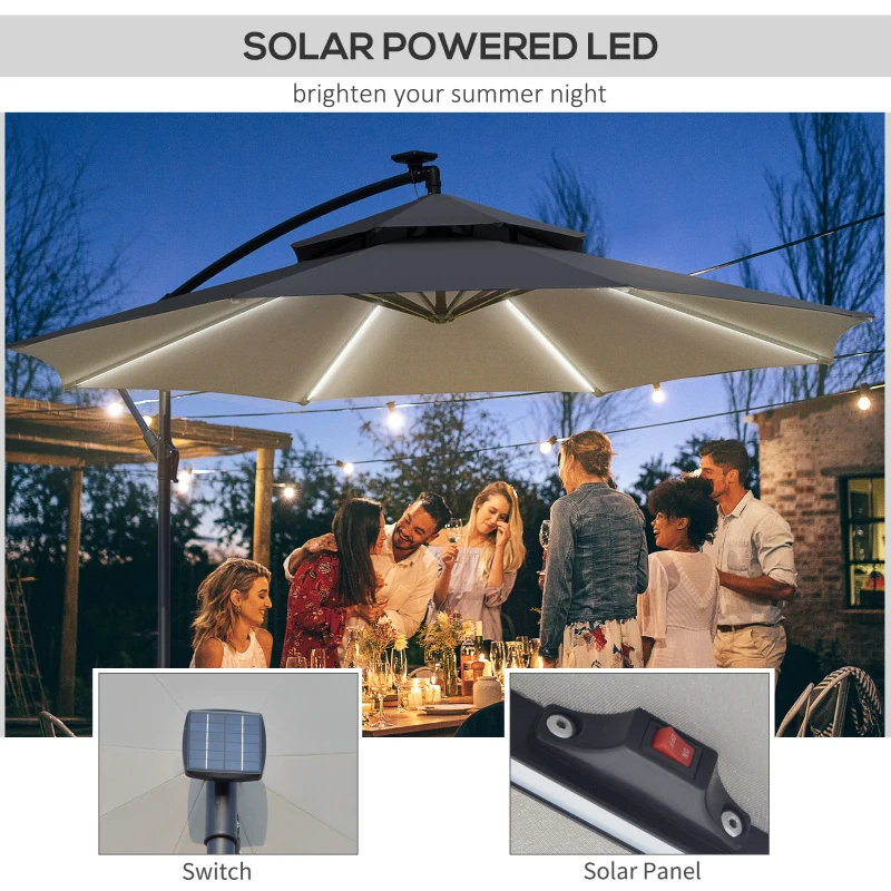 Best 3(m) Cantilever Banana Parasol Hanging Umbrella with Double Roof, LED Solar lights, Crank, 8 Sturdy Ribs and Cross Base for Outdoor, Garden, Patio, Grey - Image 4