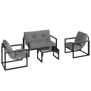 Best Garden Furniture Set, 4 Piece Indoor Outdoor Conservatory with Loveseat Sofa, Armchairs, Glass Top Coffee Table, Cushions for Balcony, Poolside, Patio, Dark Grey