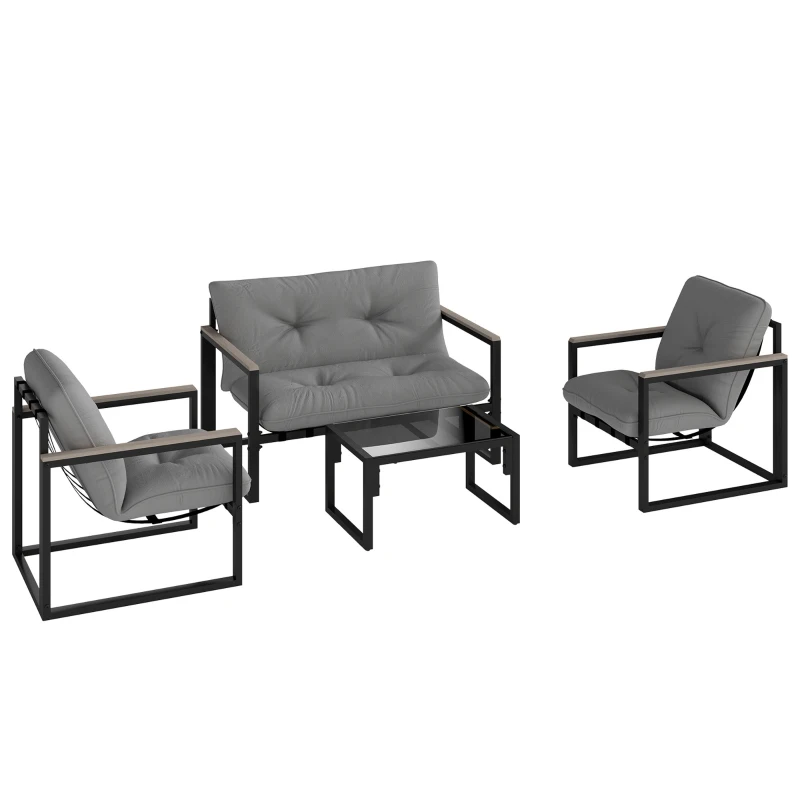 Best Garden Furniture Set, 4 Piece Indoor Outdoor Conservatory with Loveseat Sofa, Armchairs, Glass Top Coffee Table, Cushions for Balcony, Poolside, Patio, Dark Grey
