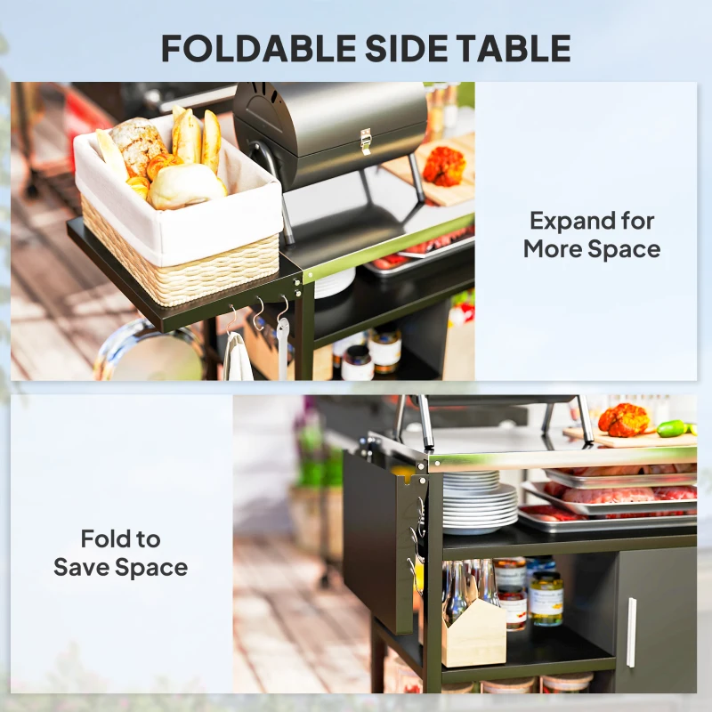 Best Outdoor BBQ Trolley with Foldable Side Table, Stainless Steel Top, Outdoor Kitchen with Wheels Hooks Shelves Cabinet, Pizza Oven Table Movable Outdoor Grill Dining Cart with Cover, Black - Image 5