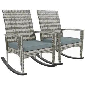 Best Outdoor PE Rattan Rocking Chair Set of 2, Garden Rocking Chair Set with Armrest and Cushion, Light Grey