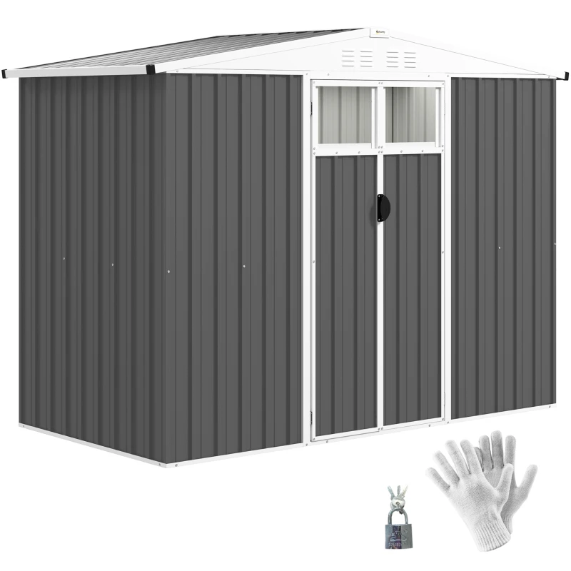 Best 8 x 4 ft Metal Garden Shed, Garden Storage Shed with Window, 4 Vents and Lockable Door, Waterproof Galvanised Steel Tool Storage Shed, Dark Grey