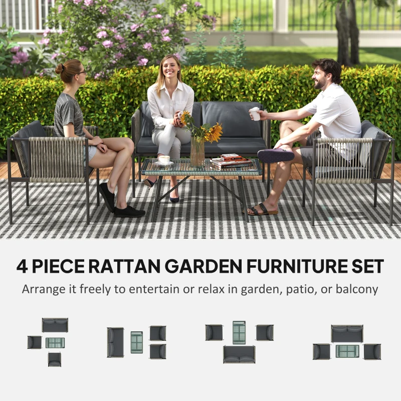 Best 4 Piece Rattan Garden Furniture Set, 4 Seater Wicker Outdoor Furniture Set with 2 Armchairs, Loveseat, Glass Top Coffee Table and Cushions for Balcony, Porch, Grey - Image 4